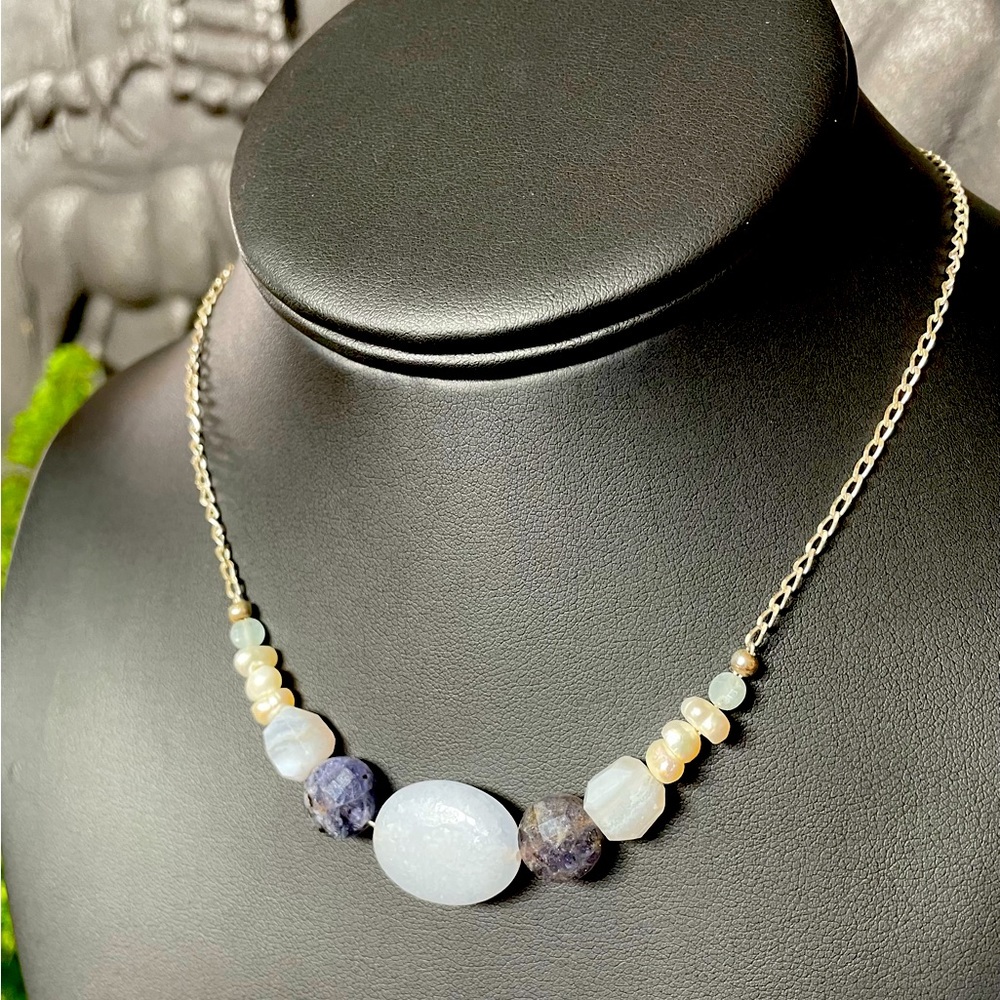 Chalcedony, Iolite, Blue Lace Agate, Beryl stones on a silver chain